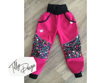 Dětské jarní softshellové kalhoty růžové s tulipány
