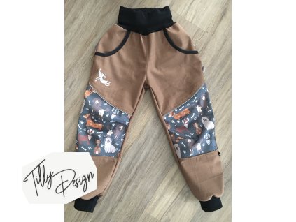 Dětské jarní softshellové kalhoty cappucino hnědé s pejsky