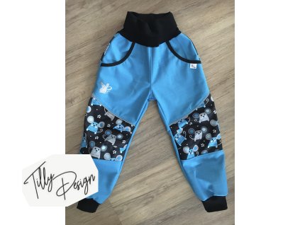 Dětské jarní softshellové kalhoty tyrkysové s myškami