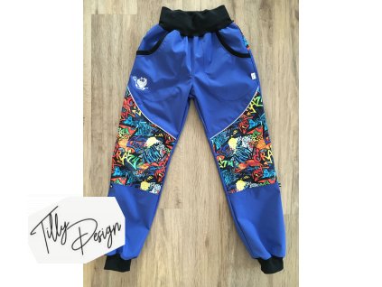 Modré softshellové kalhoty, vzor grafity