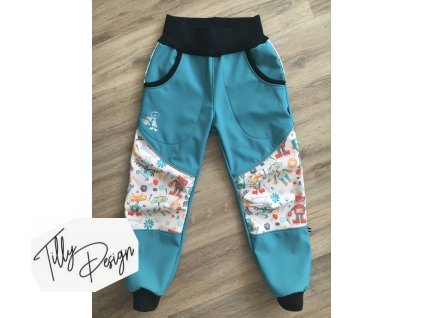 Zateplené softshellové kalhoty s flísem smaragdové s roboty