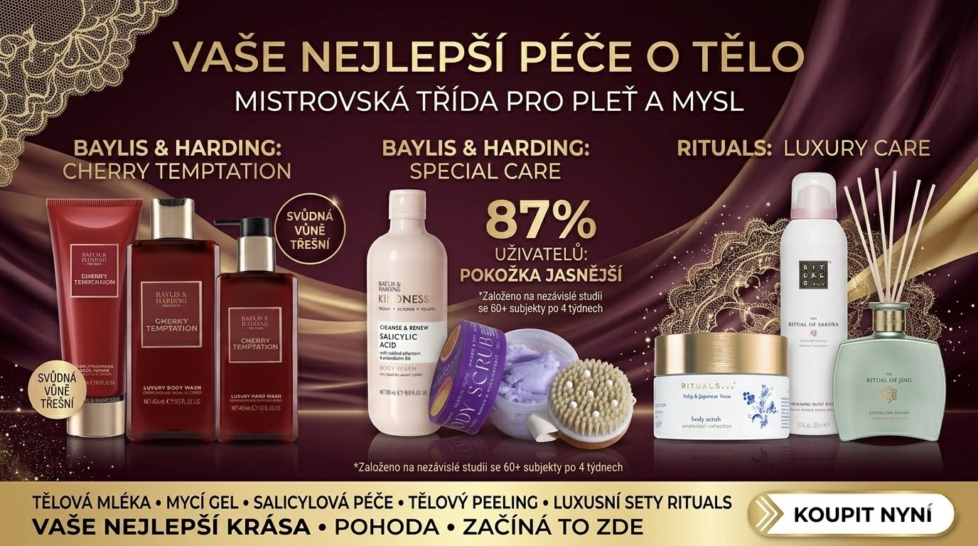 Luxusní péče o tělo, tělová mléka, mycí gely, peelingy a dárkové sady Rituals a Baylis & Harding
