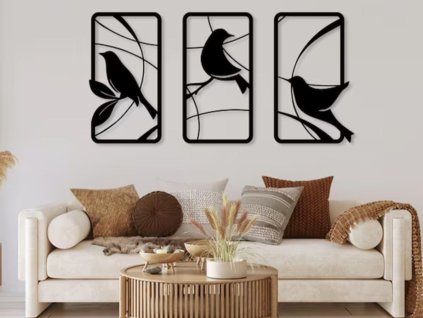Madár Triptych Fali Dekoráció (Méret 120 x 35 cm, Szín Fekete)