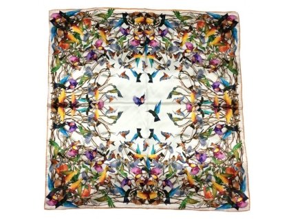 2232 damsky hedvabny satek sala ctvercovy bily modry ptacci modra bila zelena 100 hedvabi