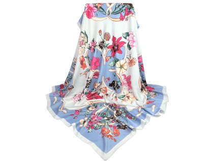 Dámský šátek z viskózy velký XXL 130 cm modrý, bílý, růžový s květy a mašlí