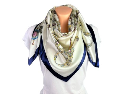 Smetanový viskózový dámský šátek na krk s ornamenty, růžice 90 cm čtvercový