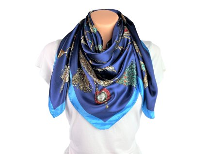 Tmavě modrý viskózový dámský šátek na krk s ornamenty, růžice 90 cm čtvercový
