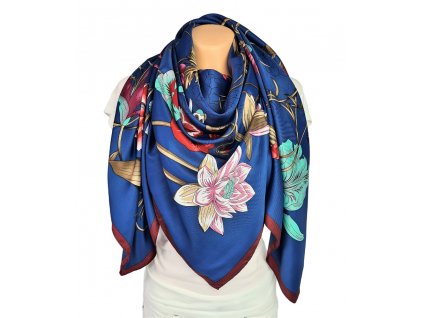 Dámský tmavě modrý šátek s červenými květy macešek, lilií, viskóza velký XXL 130 cm