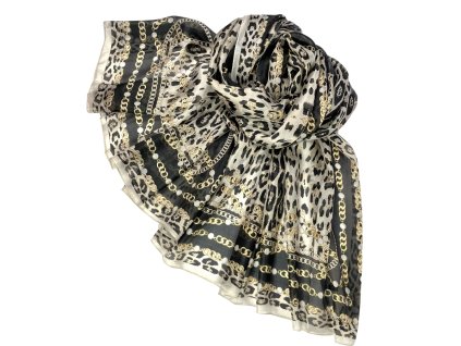 Hedvabna luxusni elegantni sala na krk prehoz pres ramena pareo pled stola leopard zlate retezy trapce cerna seda Tina moda 7001202 (