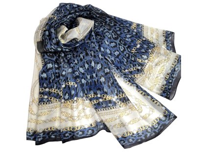 Hedvabna luxusni elegantni sala na krk prehoz pres ramena pareo pled stola leopard zlate retezy trapce cerna modra Tina moda 7001205 (1)