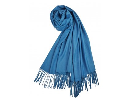 Zimni letni kasmirova damska panska sala jednobarevna s trasnemi na krk pled pres ramena na svatbu party petrolejova modra Tinamoda 0105811 a