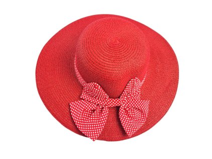 Letni cerveny damsky klobouk na hlavu k mori na dovolenou proti slunci masle s puntiky elegantni lehky papirovy tina moda 0192306 (2)