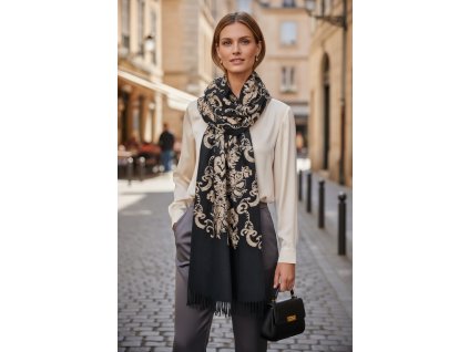 vlnena sala cerna s vysivkou bordurou ve zlatem tonu elegantni pled do spolecnosti luxusni darek tina moda (1)