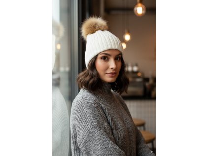 PLETENA zimni cepice bila cerna holubi sed z pravou kozesinou bambuli odnimatelna elegantni tepla (3)