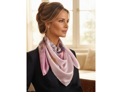 hedvabny ctvercovy satek 90 cm jemne ruzovy s fialovou prechody barev kvety motyli svetle barvy tina moda (1)