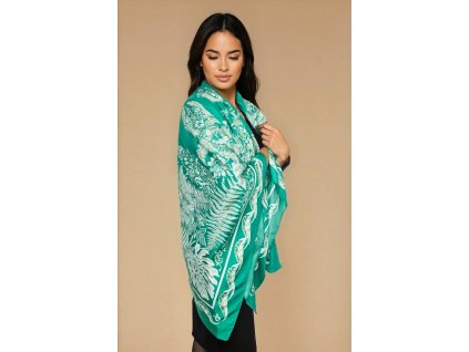 VELKY viskozovy satek pled pres ramena xxl velky zeleny se zlatem trpytivy s bilymi kvety ornamenty tina moda 02514 (1)