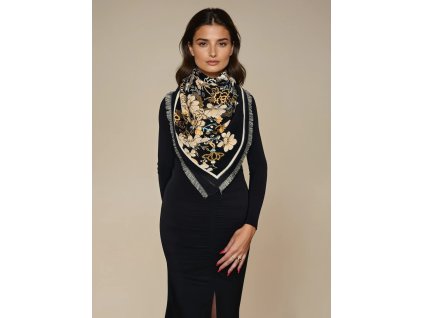 zimni damska sala cerna s cinskymi pavy kvety tyrkysova zluta elegantni vyrazna sala pro damu cerna tinamoda hedvabnysvet (1)