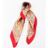 Hedvabny satek na krk ctvercovy 70 cm cervena hneda bila leopardi lem kvety zvireci potisk Tina moda 0204606 (1)
