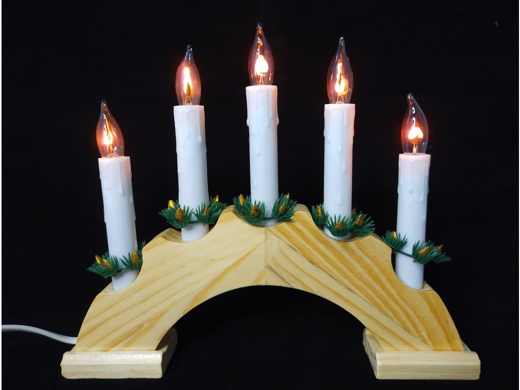 Vánoční dřevěný svícen, přírodní, imitace plamene, 5 svíček