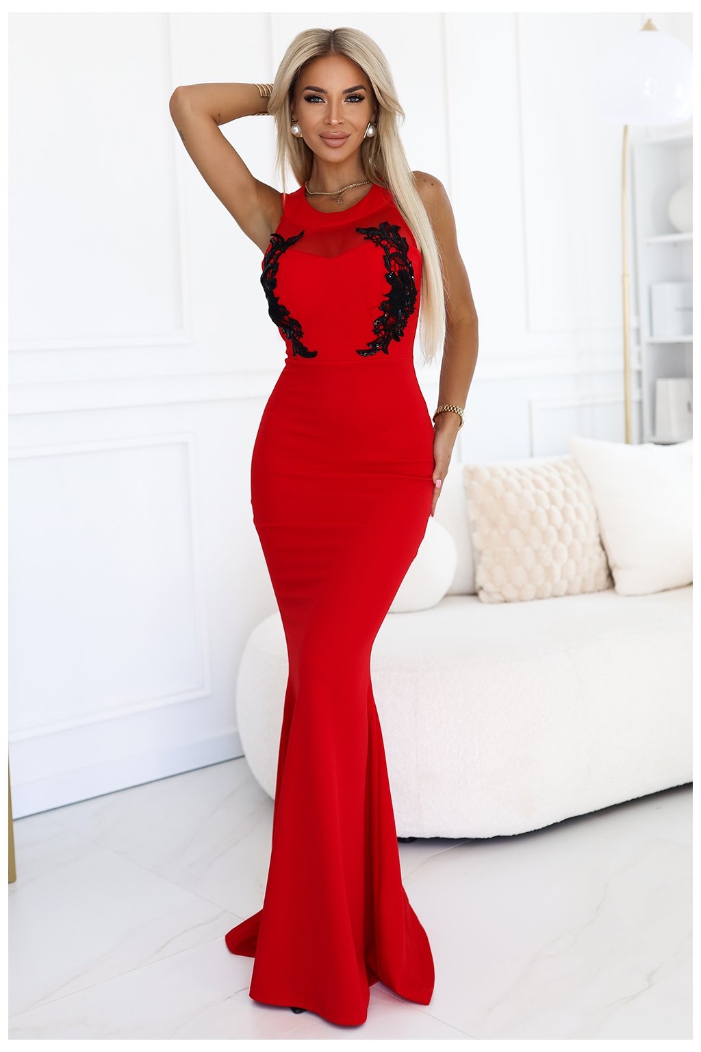 617-3 Dlouhé šaty s mořskou pannou s černou krajkou a síťovinou - červené (Veľkosť S)