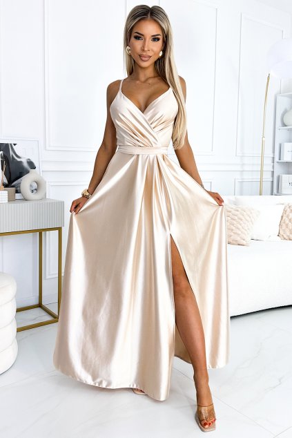 512-3 Elegantné dlhé saténové šaty s výstrihom JULIET - béžové