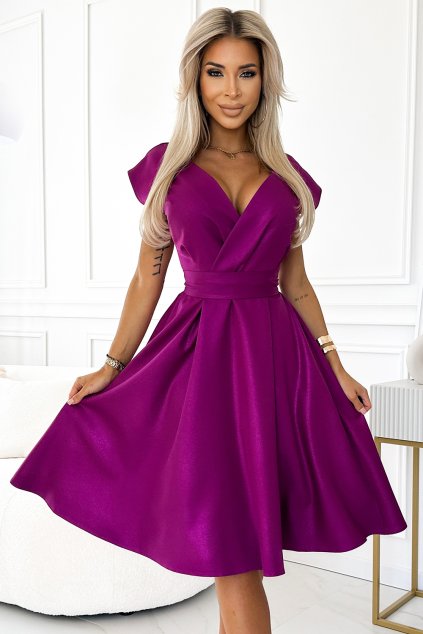 348-8 Voľné šaty s výstrihom SCARLETT - fuchsiová s trblietkami