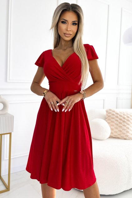 425-9 Elegantné šaty s výstrihom a krátkymi rukávmi MATILDE - červené s trblietkami