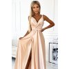 498-5 Dlouhé saténové šaty s výstřihem a dvojitými ramínky - zlaté (Veľkosť S)
