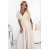 581-6 JENNIFER dlouhé šaty s rozparkem na nohavici, rukávy a výstřihem - béžové (Veľkosť S)