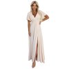 581-6 JENNIFER dlouhé šaty s rozparkem na nohavici, rukávy a výstřihem - béžové (Veľkosť S)
