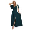 581-8 JENNIFER dlouhé šaty s rozparkem na nohavici, rukávy a výstřihem - lahvově zelené (Veľkosť S)