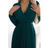 313-14 Elegantné plisované šaty s výstrihom a dlhým rukávom ISABELLE - zelené