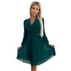 313-14 Elegantné plisované šaty s výstrihom a dlhým rukávom ISABELLE - zelené
