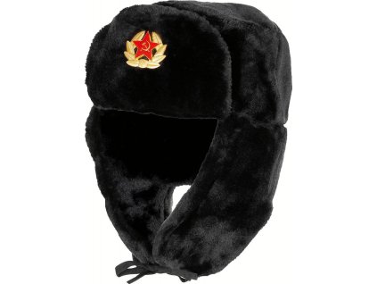 Čepice beranice zimní ruská ušanka s odznakem černá (Vyberte velikost S(54-55cm))