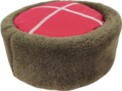 Čepice zimní Papakha z hnědé kožešiny s červeným vrškem typ 2 (Velikost 55)