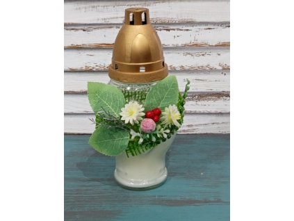 Hřbitovní svíčka s víčkem  zdobená květy a lístky 100 g