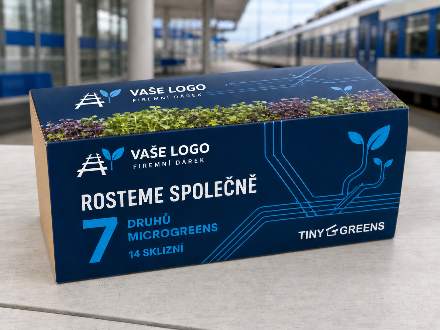 Ilustrační pěstební sada s nápisem Vaše logo: modrá s charakterem