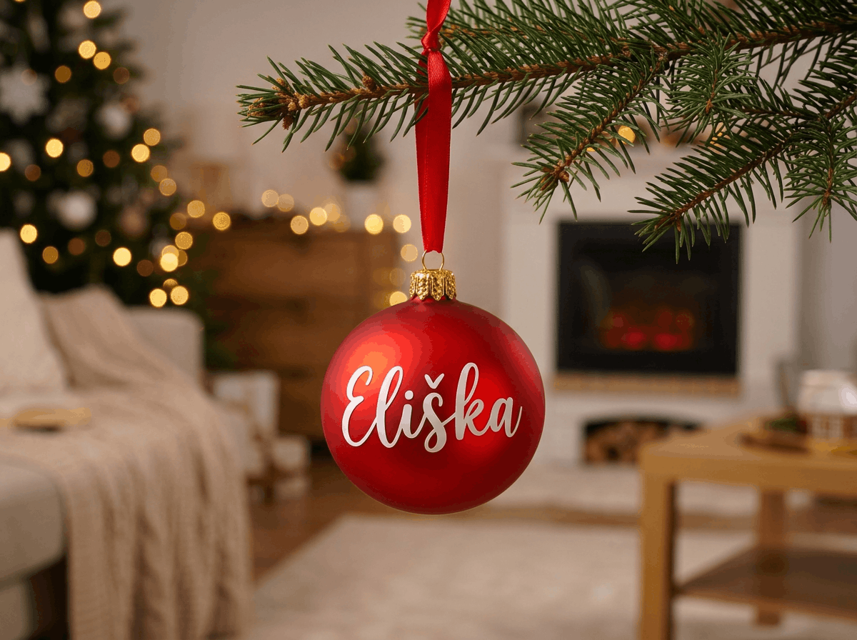 Červená vánoční baňka s bílým nápisem Eliška