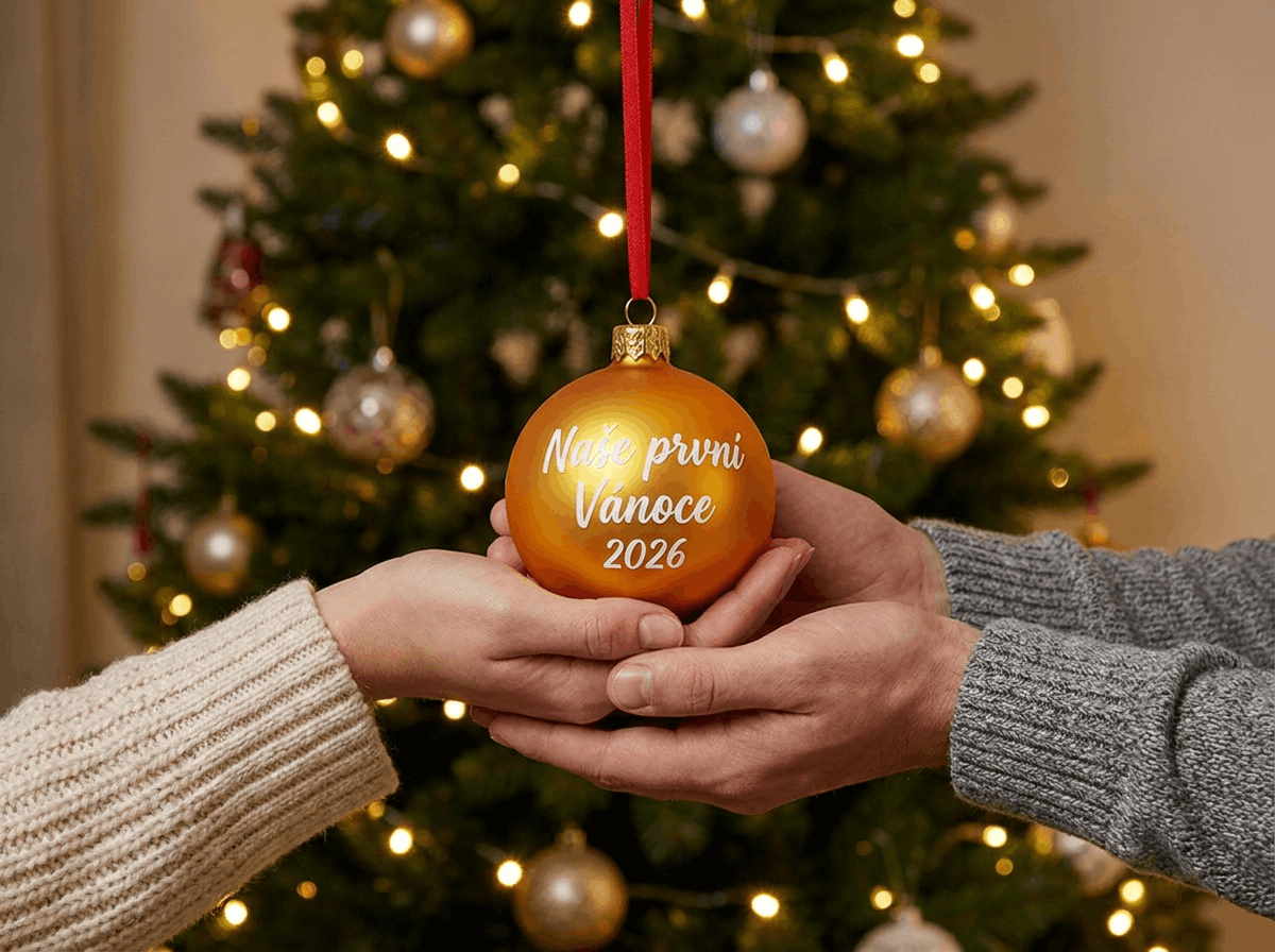 Vánoční koule s nápisem Naše první Vánoce 2026