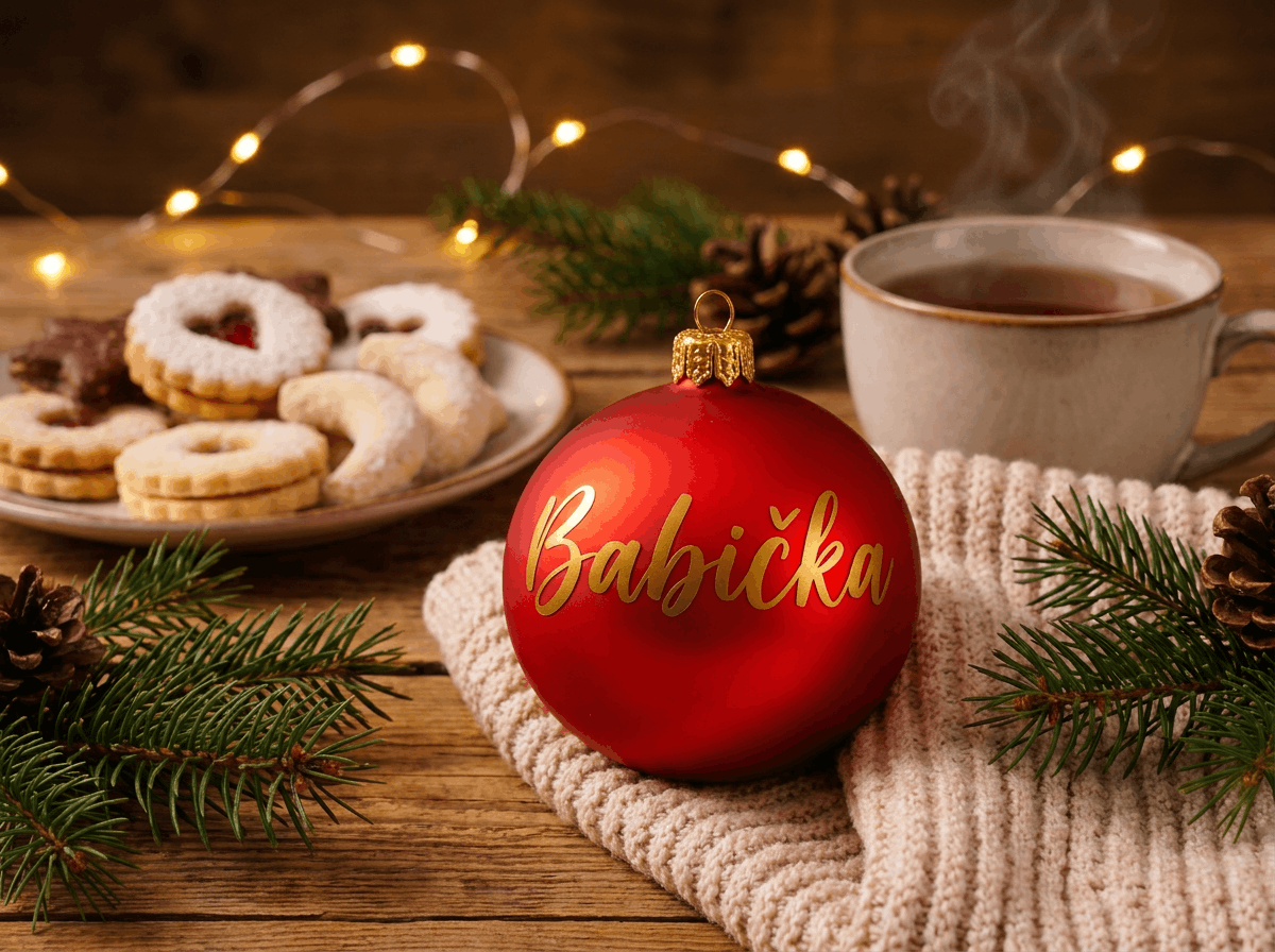 Červená vánoční koule se zlatým nápisem Babička