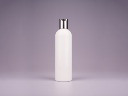 plastova bila lahvicka stribrno cerny disc top 250ml