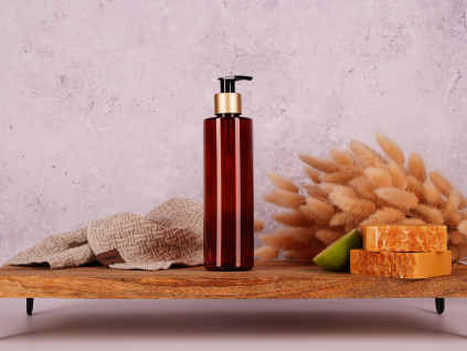 hneda plastova lahvicka 250ml zlato cerna matna pumpicka