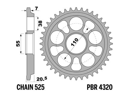 Rozeta ocelová temperovaná PBR SPROCKETS pro DUCATI SBK/ Monster/ Multistrada/ Hypermotard/ Streetfighter/ 848/916/996/998/MS S2R mod.525