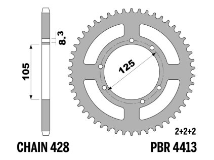 Rozeta ocelová PBR Sprockets pro Derbi 125/HM 50/MONDIAL 125/ VENT 125/Yamaha 125/Rieju 125/Malaguti 125 mod.428