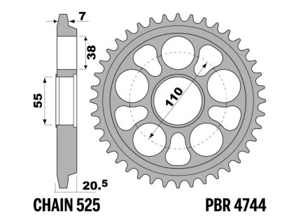 Rozeta ocelová temperovaná PBR Sprockets pro DUCATI Hypermotard/ Hyperstrada 821/939/1100 mod.525