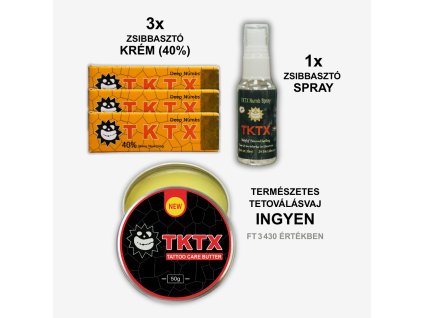 Tetoválás stressz nélkül csomag (40%) – 3× TKTX 40% érzéstelenítő krém, 1× TKTX érzéstelenítő spray és TKTX tetováló vaj ajándékba, 3 430 Ft értékben.