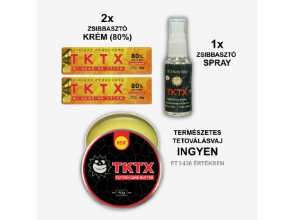 Tetoválás stressz nélkül csomag (80%) – 2× TKTX 80% érzéstelenítő krém, 1× TKTX érzéstelenítő spray és TKTX tetováló vaj ajándékba, 3 430 Ft értékben.