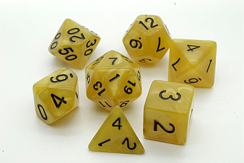 TLAMA games Sada 7 perleťových kostek pro RPG (9 barev) Barva: Žlutá (D4, D6, D8, 2x D10, D12, D20 - dice set)