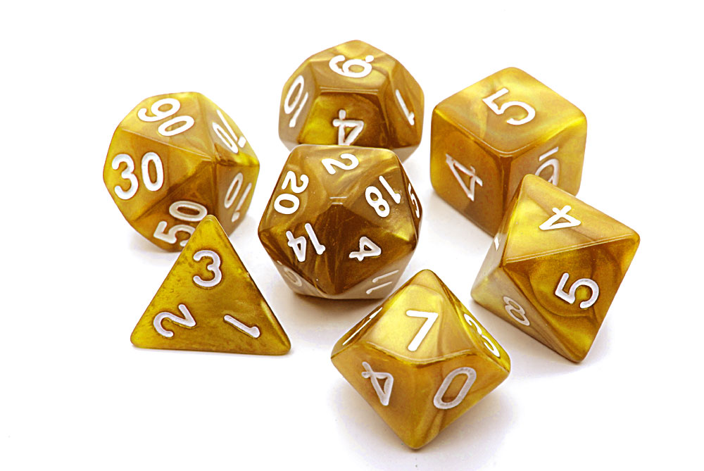 TLAMA games Sada 7 perleťových kostek pro RPG (9 barev) Barva: Zlatá - karamel (D4, D6, D8, 2x D10, D12, D20 - dice set)
