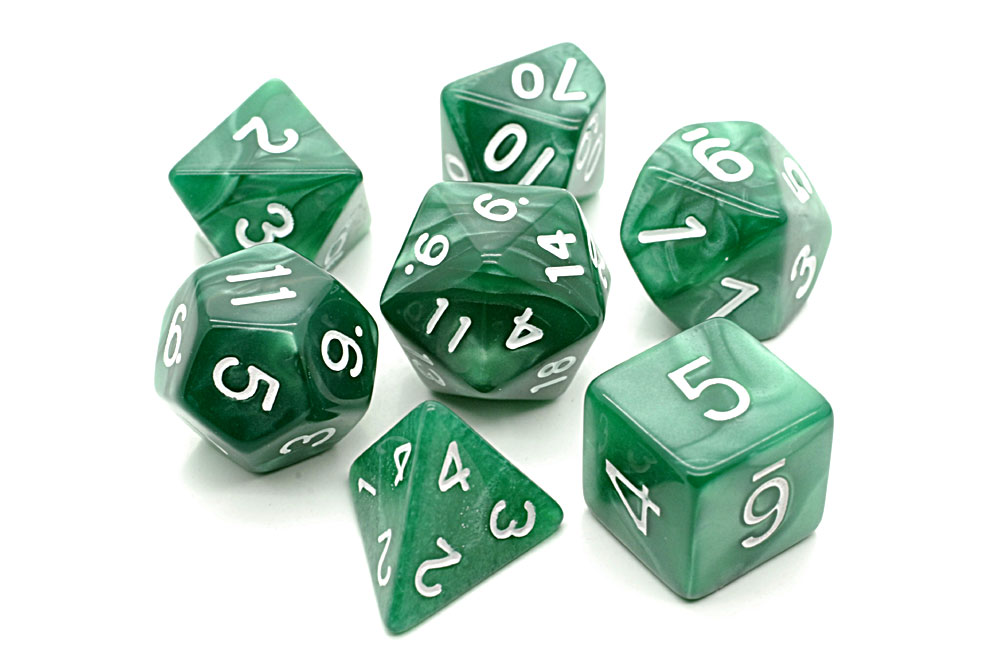 TLAMA games Sada 7 perleťových kostek pro RPG (9 barev) Barva: Zelená (D4, D6, D8, 2x D10, D12, D20 - dice set)